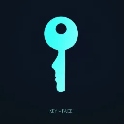 Turkusowy symbol klucza, w którego trzonie widoczny jest profil twarzy na ciemnym tle.