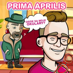 Ilustracja w stylu kreskówkowym z napisem 'Prima Aprilis', przedstawiająca mężczyznę w kapeluszu i płaszczu z pytajnikami wokół głowy, oraz uśmiechniętego mężczyznę w okularach, trzymającego drugą...
