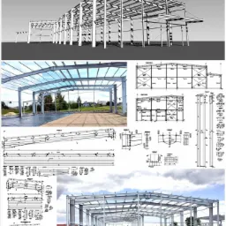 Kolaż prezentujący projekt i realizację budynku produkcyjno-magazynowego z częścią biurową, obejmujący wizualizację 3D szkieletu konstrukcji stalowej, zdjęcia z budowy oraz rysunki techniczne...