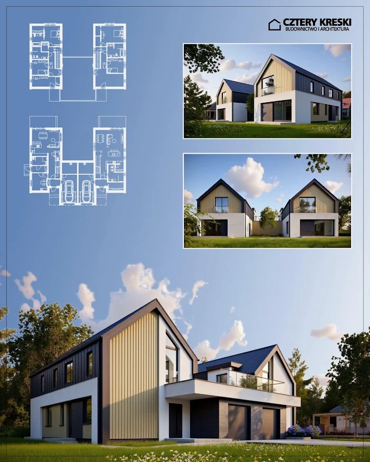 Wizualizacja nowoczesnego domu dwulokalowego z elementami drewna i ciemnej blachy na dachu, prezentowana z rzutami kondygnacji i dodatkowymi ujęciami.