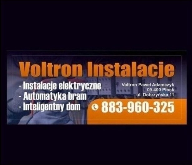 Reklama firmy Voltron Instalacje z Płocka, oferującej usługi elektryczne, automatykę bram i inteligentny dom, z numerem telefonu 883-960-325.