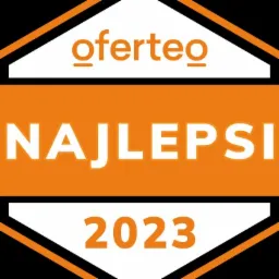 Nagroda Oferteo Najlepsi 2023, grafika w kształcie heksagonu z pomarańczowym paskiem pośrodku.