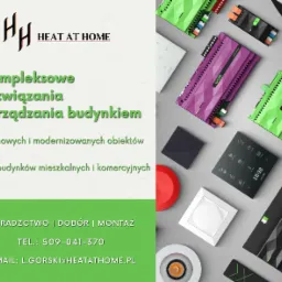 Elementy systemu inteligentnego domu Loxone ułożone na szarym tle, widoczne kontrolery w kolorach zielonym i fioletowym, panel dotykowy z wyświetlaczem, przyciski oraz logo firmy Heat at Home