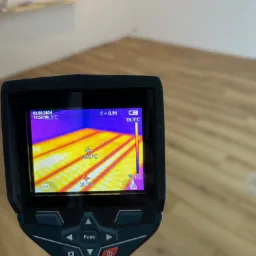 Pomiar temperatury podłogi za pomocą kamery termowizyjnej, widoczne rozłożone przewody grzewcze na ekranie urządzenia, temperatura w różnych punktach podłogi.