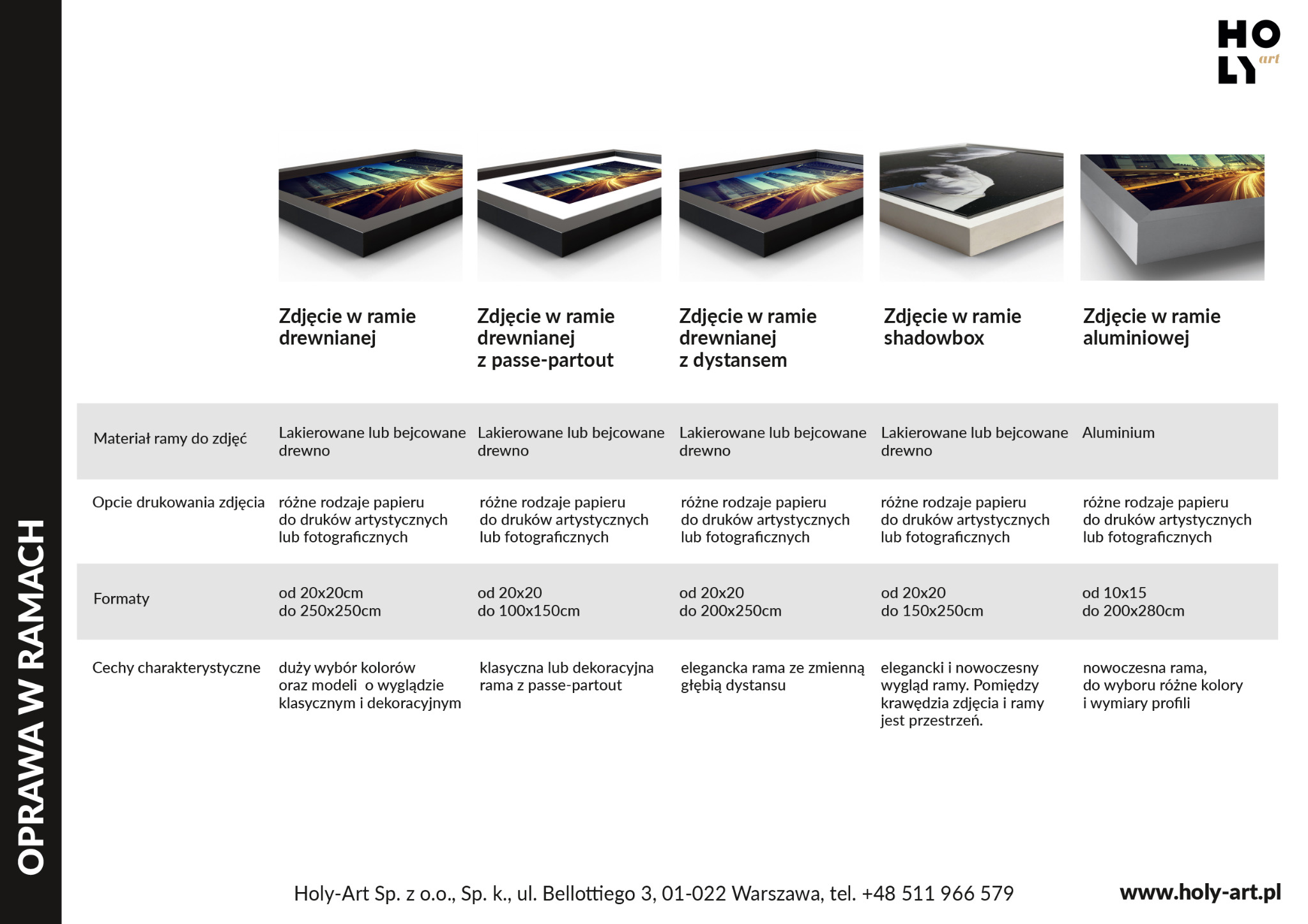Porównanie oprawionych zdjęć w różnych ramach: drewnianych, z passe-partout, z dystansem, shadowbox i aluminiowej, prezentujących różne style i materiały wykończeniowe.