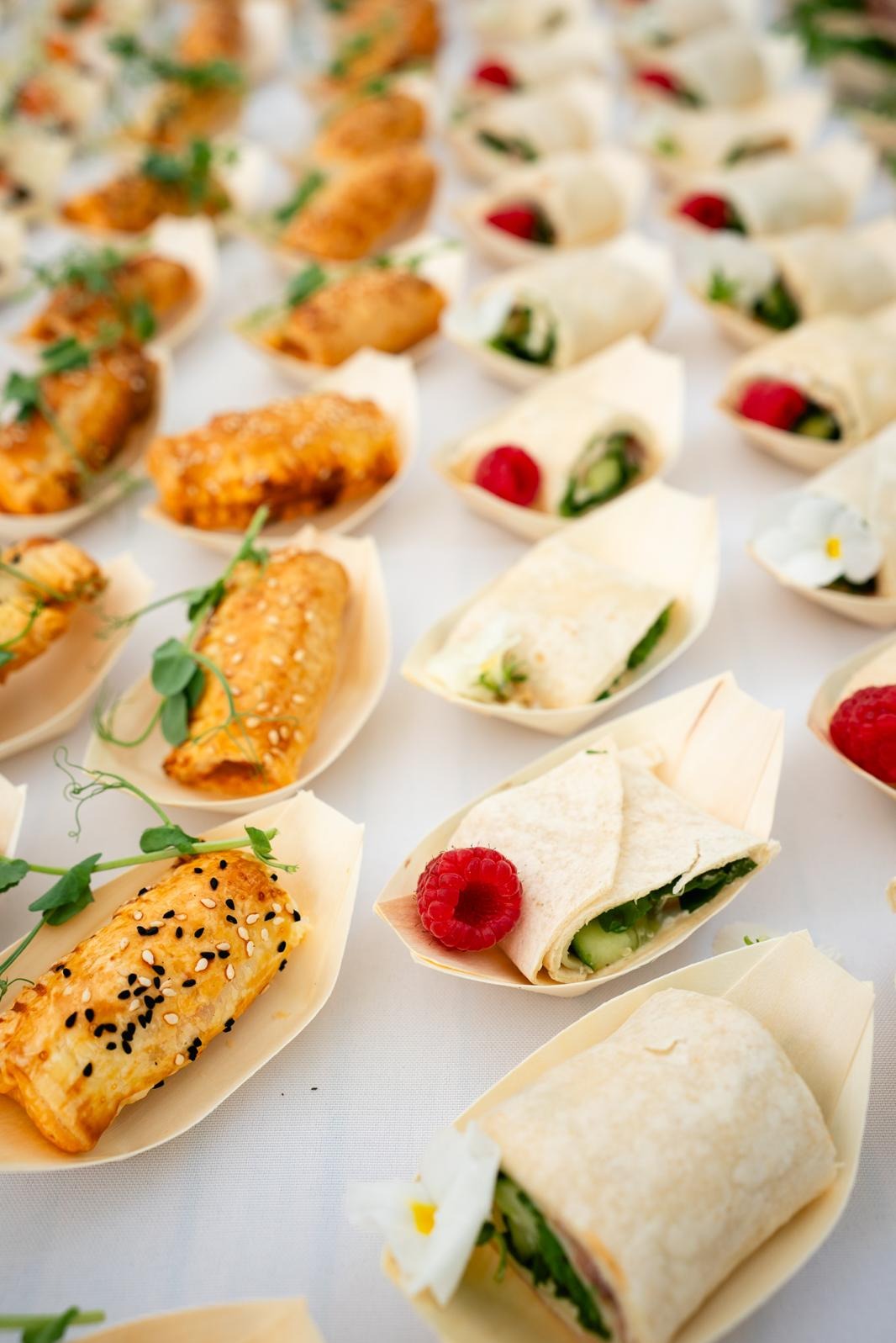 Elegancki catering: Rząd mini przekąsek na białym obrusie. Wiosenne roladki z maliną i wytrawne paszteciki w łódeczkach z jasnego drewna. Luksusowa oferta.