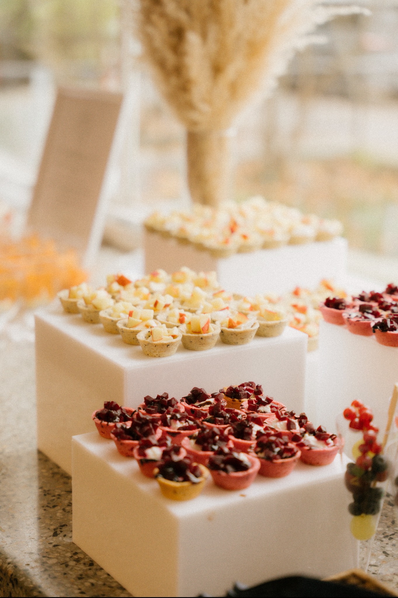 Elegancki catering: mini tartaletki z owocami (jabłka, żurawina) na białych podestach. Dekoracja z traw pampasowych w tle. Idealne na firmowe przyjęcie.