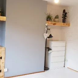 Wnętrze pokoju po remoncie: szara ściana kontrastuje z białą cegłą, drewniane półki z roślinami, komoda z surowego drewna i biała komoda z szufladami.