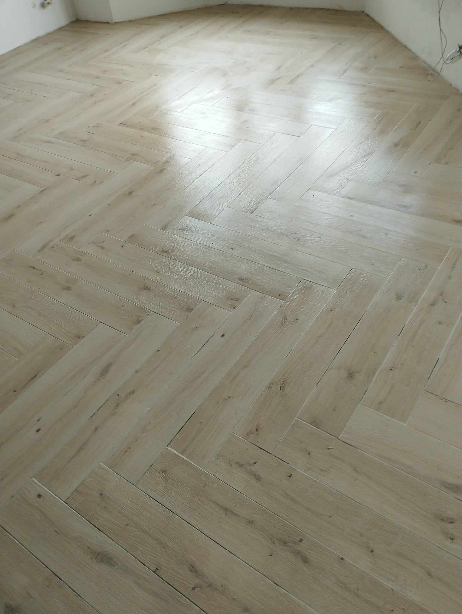 Ułożona w jodełkę jasna podłoga z płytek imitujących drewno, świeżo po położeniu w Płocku, z widocznymi fugami i odbiciem światła na powierzchni.