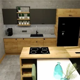 Wizualizacja kuchni z drewnianymi szafkami, czarnymi akcentami i wyspą z płytą indukcyjną, uzupełniona o dekoracje w postaci roślin doniczkowych i szklanych wazonów.