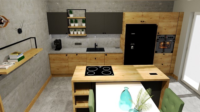 Wizualizacja kuchni z drewnianymi szafkami, czarnymi akcentami i wyspą z płytą indukcyjną, uzupełniona o dekoracje w postaci roślin doniczkowych i szklanych wazonów.