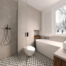 Wizualizacja łazienki z kabiną prysznicową typu walk-in, wolnostojącą wanną i toaletą w kolorze białym, na podłodze wzorzyste płytki, za oknem zimowy krajobraz miejski.