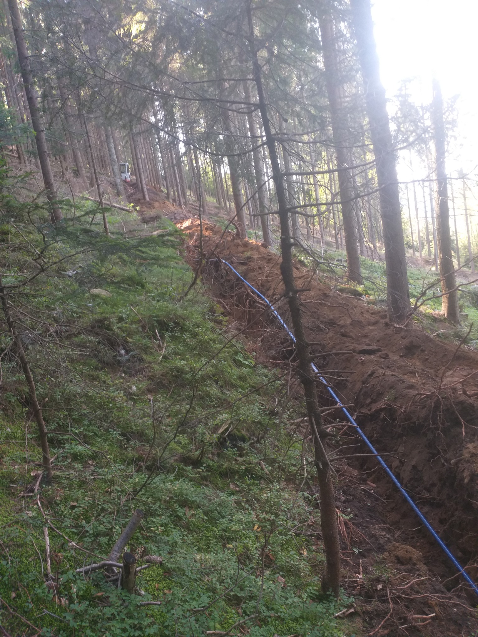 Wykonanie wykopu pod rurę w zalesionym terenie na stoku, widoczny mały traktor w oddali.