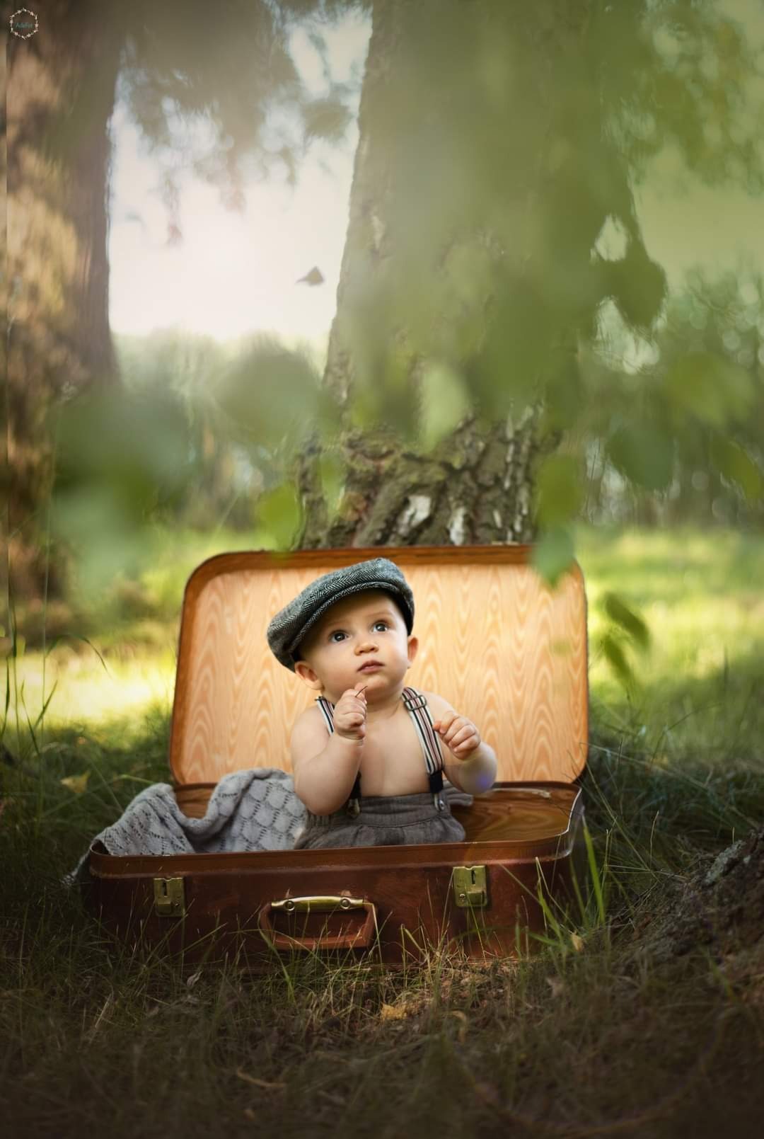 Uroczy niemowlak w czapce i szelkach siedzi w otwartej walizce na tle drzew i zieleni, patrząc w górę z zamyśloną miną.