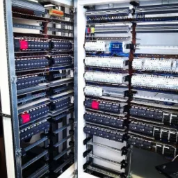 Rozdzielnica elektryczna z modułami sterującymi, okablowaniem i szynami montażowymi, widok z bliska na zorganizowany układ w szafie sterowniczej.