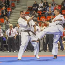 Dwóch mężczyzn w białych strojach karate walczy na tle trybun pełnych widzów podczas zawodów sportów walki.