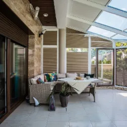 Ogród zimowy, rolety integro, rolety plisowane, moskitiery.