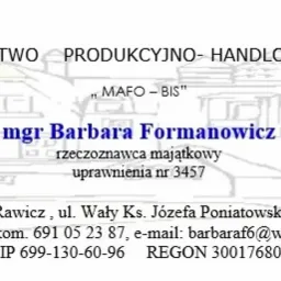 Wizytówka firmy 'MAFO-BIS' z Rawicza, mgr Barbara Formanowicz, rzeczoznawca majątkowy, uprawnienia nr 3457, dane kontaktowe, grafika zarys domu w tle.