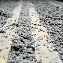 Wełna celulozowa między drewnianymi belkami stropu, widok z bliska, nierównomierne rozłożenie z widocznymi fragmentami kolorowych włókien.