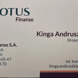 Wizyt&oacute;wka firmy Notus Finanse S.A. z danymi kontaktowymi Kingi Andruszkiewicz, eksperta ds. finans&oacute;w, zawierająca logo, adres, NIP, numery telefon&oacute;w i adres strony internetowej.
