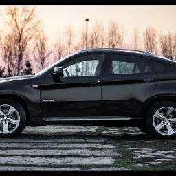 Czarny samochód BMW X6 xDrive40d, widok z boku na tle drzew o zachodzie słońca, na betonowej nawierzchni z elementami zieleni.