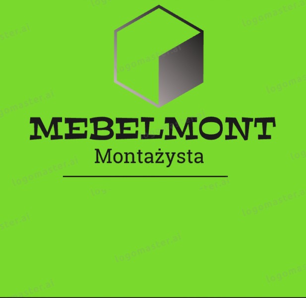 Logo firmy 'MEBELMONT Montażysta' na jasnozielonym tle, z geometrycznym symbolem sześcianu w górnej części.