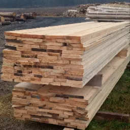 Stos desek z drewna iglastego ułożony na przekładkach, widoczne oznaczenia kolorystyczne na niektórych deskach, w tle składowane pnie drzew i tarcica.