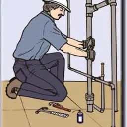 Ilustracja przedstawia mężczyznę w kasku i rękawicach instalującego rury. Na podłodze leżą narzędzia: młotek, klucz i puszka z klejem.