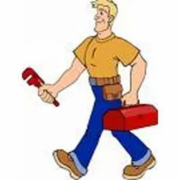 Karykaturalny blondyn w żółtej koszulce i niebieskich spodniach, z brązowym pasem narzędzi, trzyma czerwoną skrzynkę narzędziową i czerwony klucz nastawny.