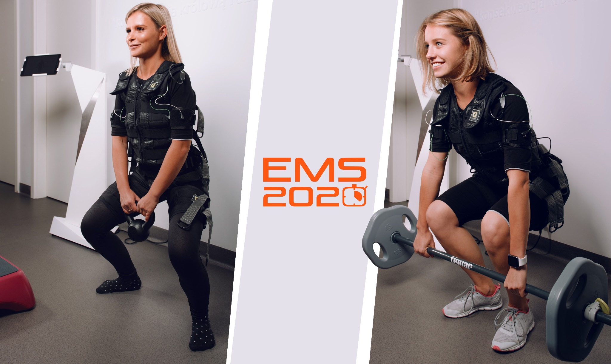 Dwie kobiety w strojach EMS ćwiczą: jedna robi przysiad z kettlebell, druga podnosi sztangę, na białym tle z logo EMS 2020.