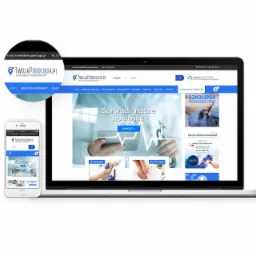 Laptop i smartfon wyświetlające stronę internetową sklepu podologicznego twojapodologia.pl z widocznym logo i menu nawigacyjnym.