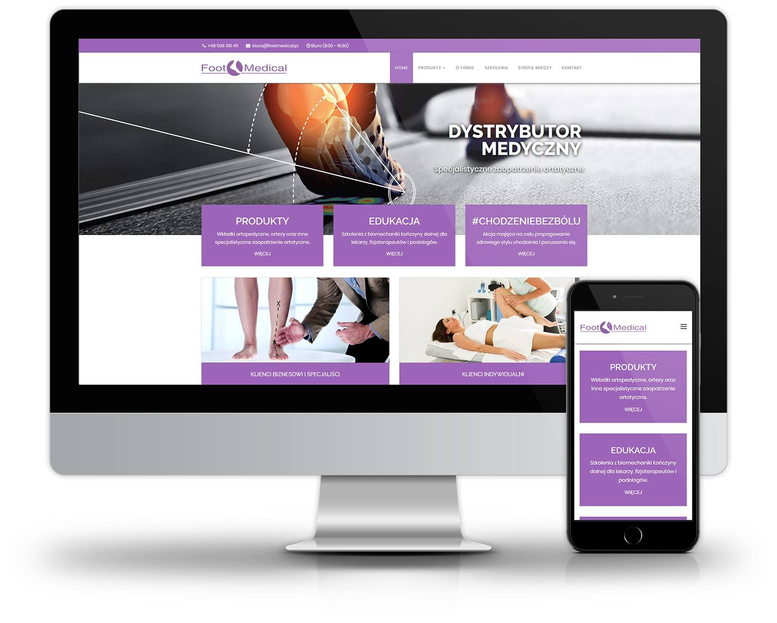 Responsywna strona internetowa firmy Foot Medical na monitorze i smartfonie, prezentująca ofertę wkładek ortopedycznych, ortez i szkoleń dla specjalistów.