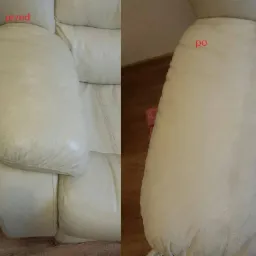 Kremowy fotel skórzany: porównanie wyglądu podłokietnika przed i po czyszczeniu, widoczne różnice w odcieniu i czystości skóry.