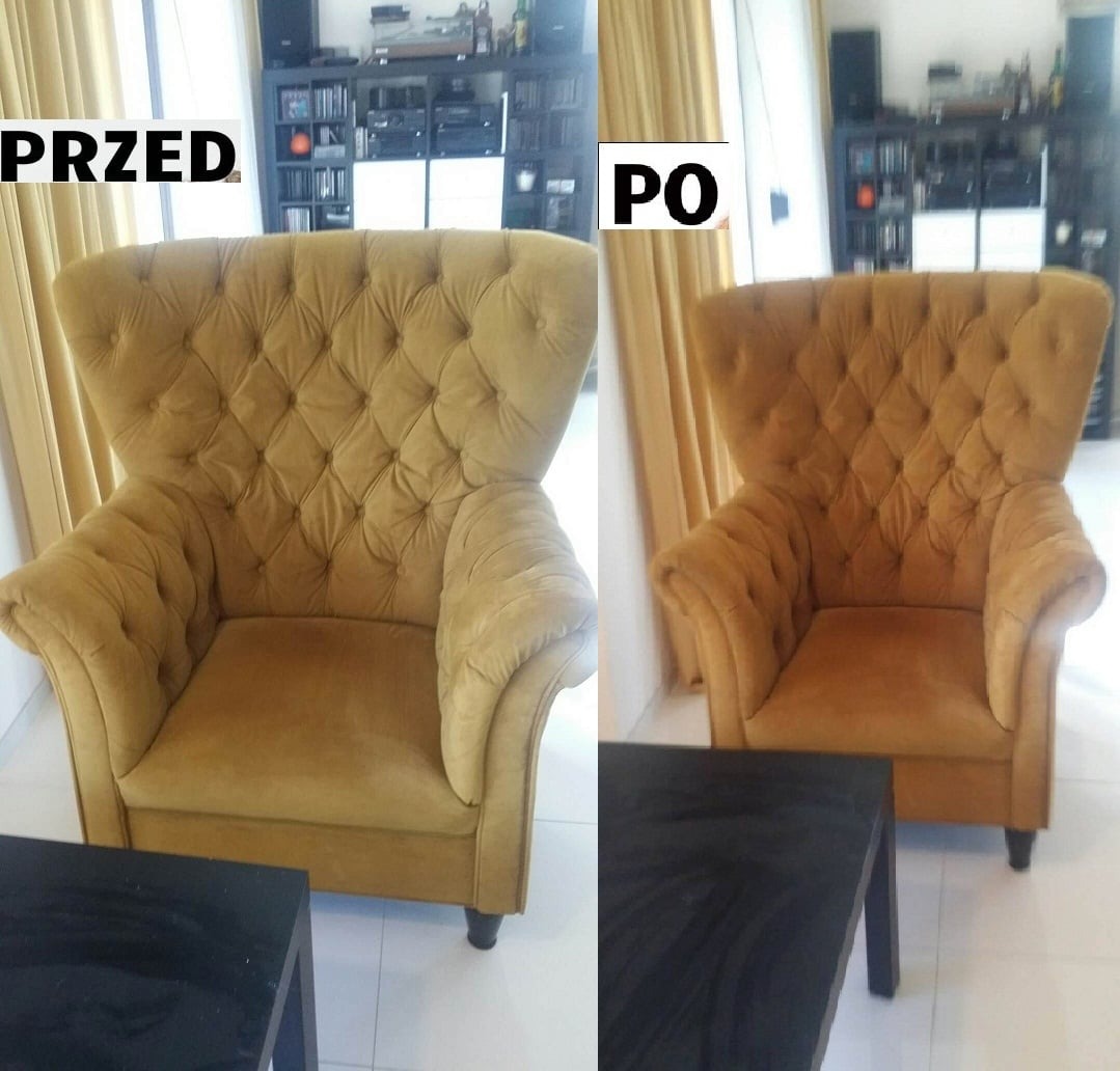 Kadr dzielony: fotel tapicerowany w kolorze musztardowym, po lewej stronie oznaczony jako 'PRZED', z widocznymi zabrudzeniami, po prawej stronie oznaczony jako 'PO', po czyszczeniu, z odświeżonym...