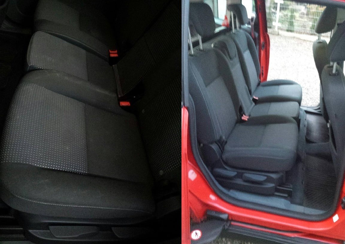 Porównanie: tylna kanapa samochodu przed i po czyszczeniu, widoczne różnice w odcieniu i czystości tapicerki