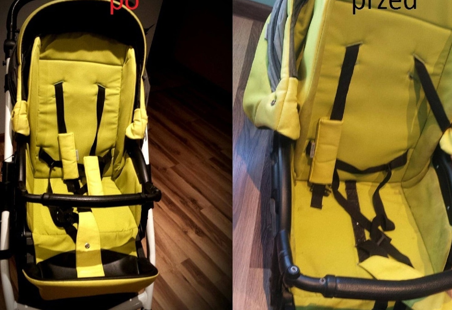 Porównanie wnętrza wózka dziecięcego przed i po czyszczeniu, z widoczną różnicą w kolorze i czystości tapicerki w odcieniach jasnozielonego i czarnego.