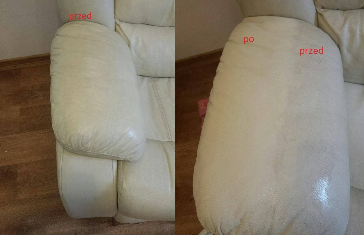 Kremowy fotel skórzany: porównanie wyglądu podłokietnika przed i po czyszczeniu, widoczne różnice w odcieniu i czystości skóry.