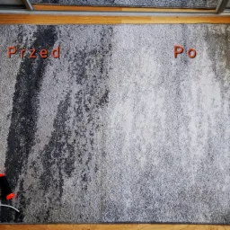 Dywan shaggy w odcieniach szarości, widok z góry, z lewej strony widoczna wyraźna różnica w czystości włókien oznaczona jako 'Przed', prawa strona oznaczona jako 'Po', widoczny fragment dyszy...