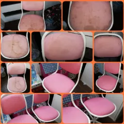 Kolaż zdjęć różowego krzesła biurowego z tapicerowanym siedziskiem: pierwsze ujęcia ukazują widoczne plamy na siedzisku, kolejne prezentują krzesło po czyszczeniu, z wyraźnie odświeżonym kolorem.