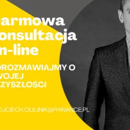 Mężczyzna w garniturze na grafice reklamowej z tekstem 'Darmowa konsultacja on-line. Porozmawiajmy o Twojej przyszłości' i adresem email.