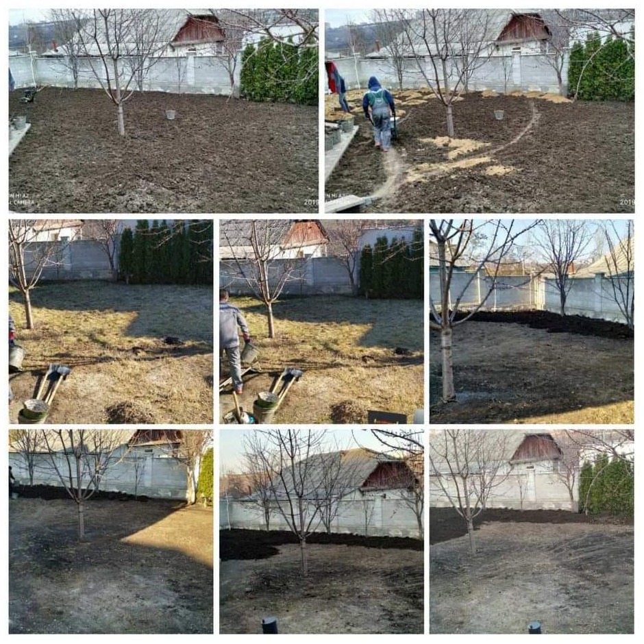 Rozplantowywanie ziemi w ogrodzie, widoczne narzędzia ogrodnicze, przygotowanie podłoża pod trawnik lub nasadzenia, kilka etapów prac na jednym zdjęciu.