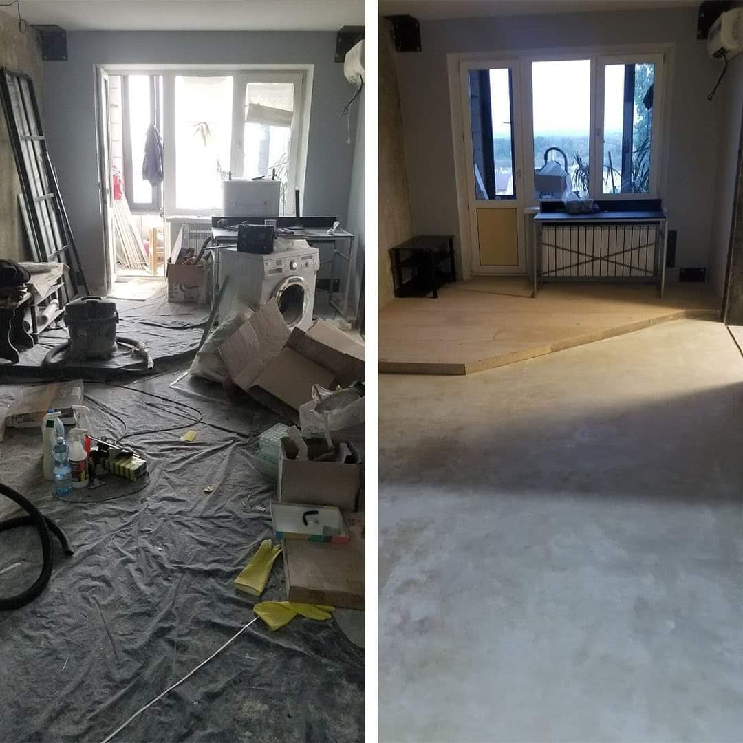 Porównanie stanu pokoju przed i po remoncie: bałagan z narzędziami i kartonami na folii ochronnej, pralka w pokoju kontra czysta, gładka podłoga i odsłonięte okno balkonowe.