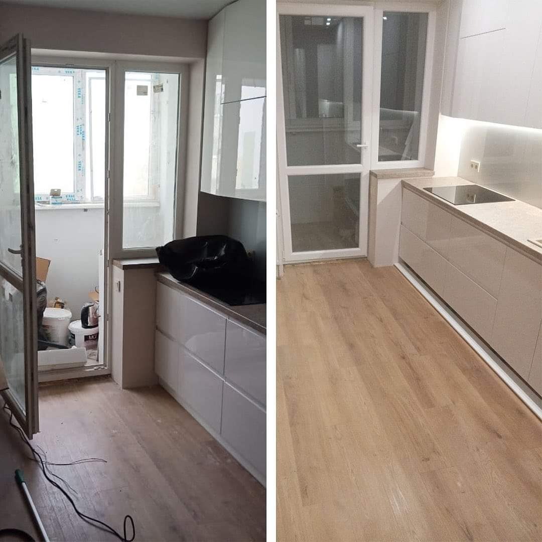 Porównanie stanu kuchni przed i po: po lewej stronie widoczne otwarte drzwi balkonowe, wiaderka z farbą i inne materiały budowlane, po prawej stronie wykończona kuchnia z jasnymi szafkami...