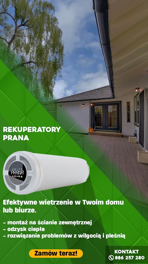 Rekuperator PRANA na tle domu z ogrodem. Efektywne wietrzenie, montaż na ścianie zewnętrznej, odzysk ciepła, rozwiązanie problemów z wilgocią. Zamów teraz!
