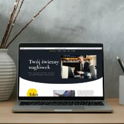 Laptop wyświetlający przykładową stronę internetową z nagłówkiem 'Twój świetny nagłówek', ustawiony na biurku obok wazonu z gałązkami i pojemnika z kredkami.