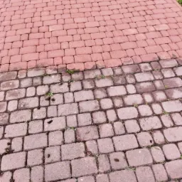 Częściowo wyczyszczona, czerwona kostka brukowa z widocznymi śladami zabrudzeń i drobną roślinnością w spoinach.
