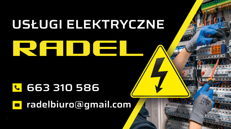 Baner reklamowy firmy elektrycznej: ręce w rękawicach ochronnych pracują przy rozdzielnicy elektrycznej, obok żółty trójkąt z symbolem błyskawicy, nazwa firmy, numer telefonu i adres email.