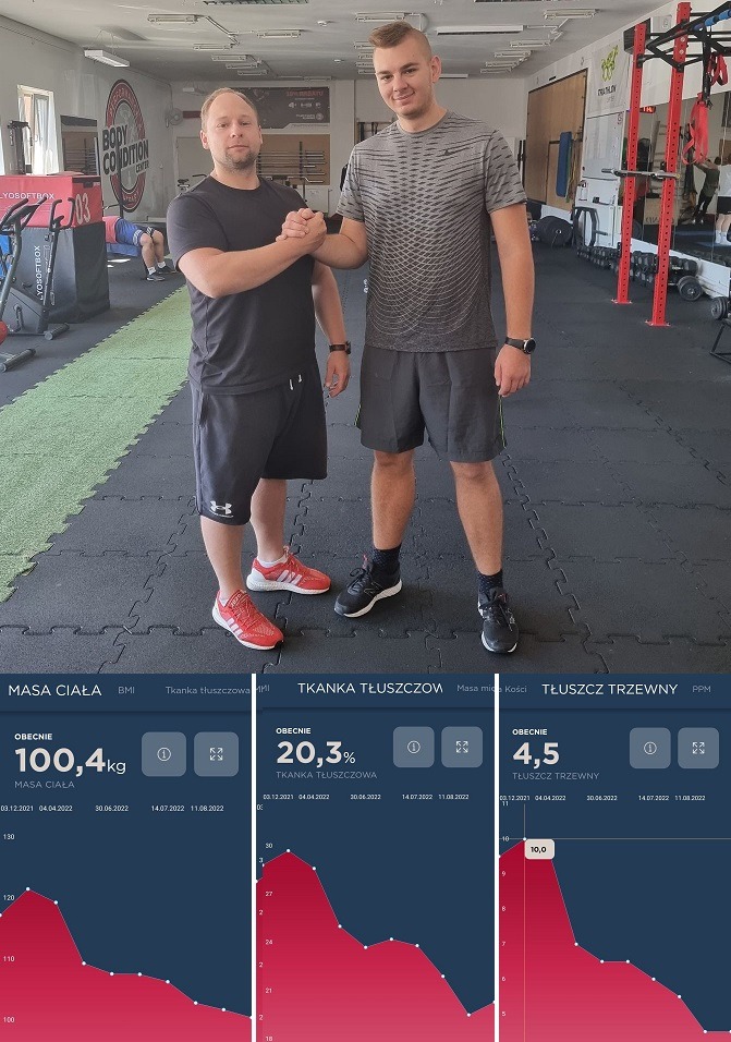 Dwóch mężczyzn w sportowym stroju ściska sobie dłonie w siłowni, poniżej widoczne wykresy z pomiarów składu ciała, w tym masy ciała, tkanki tłuszczowej i tłuszczu trzewnego.