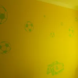 Żółta ściana w pokoju dziecięcym z namalowanymi zielonymi piłkami nożnymi i samochodem sportowym, widoczne okno z żółtym parapetem.