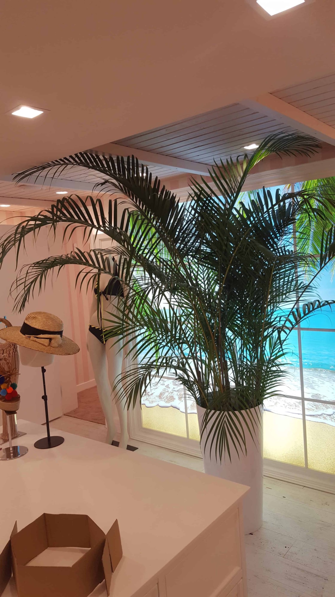 Wnętrze sklepu odzieżowego z manekinem w stroju kąpielowym i palmą w białej donicy na tle okna z fototapetą przedstawiającą plażę.